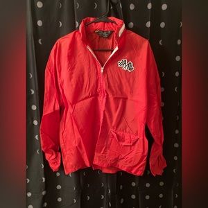 Vintage Sears Red Windbreaker Jacket with Checkered Flag Patch & Adjustable Hood